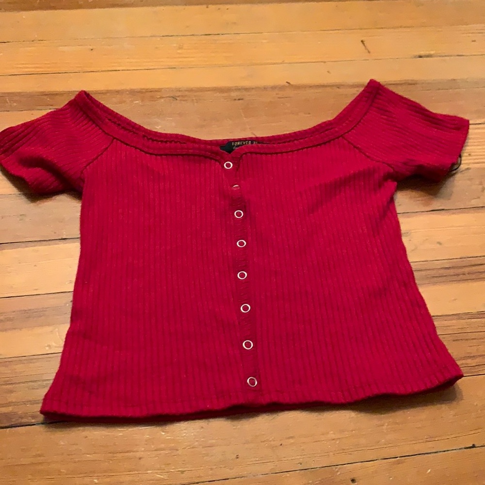 red off the shoulder shirt